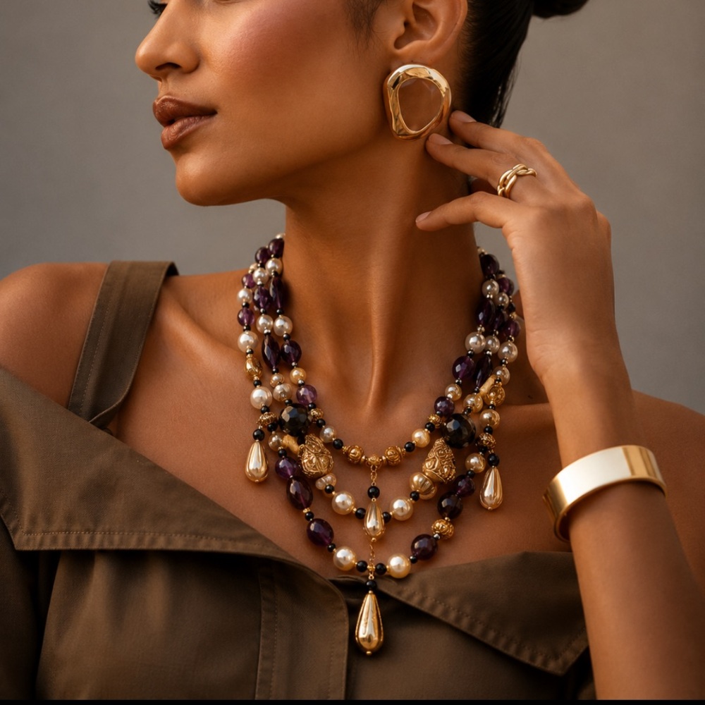 Elegant Multi-Strand Pearl and Amethyst Necklace - Gold Accents